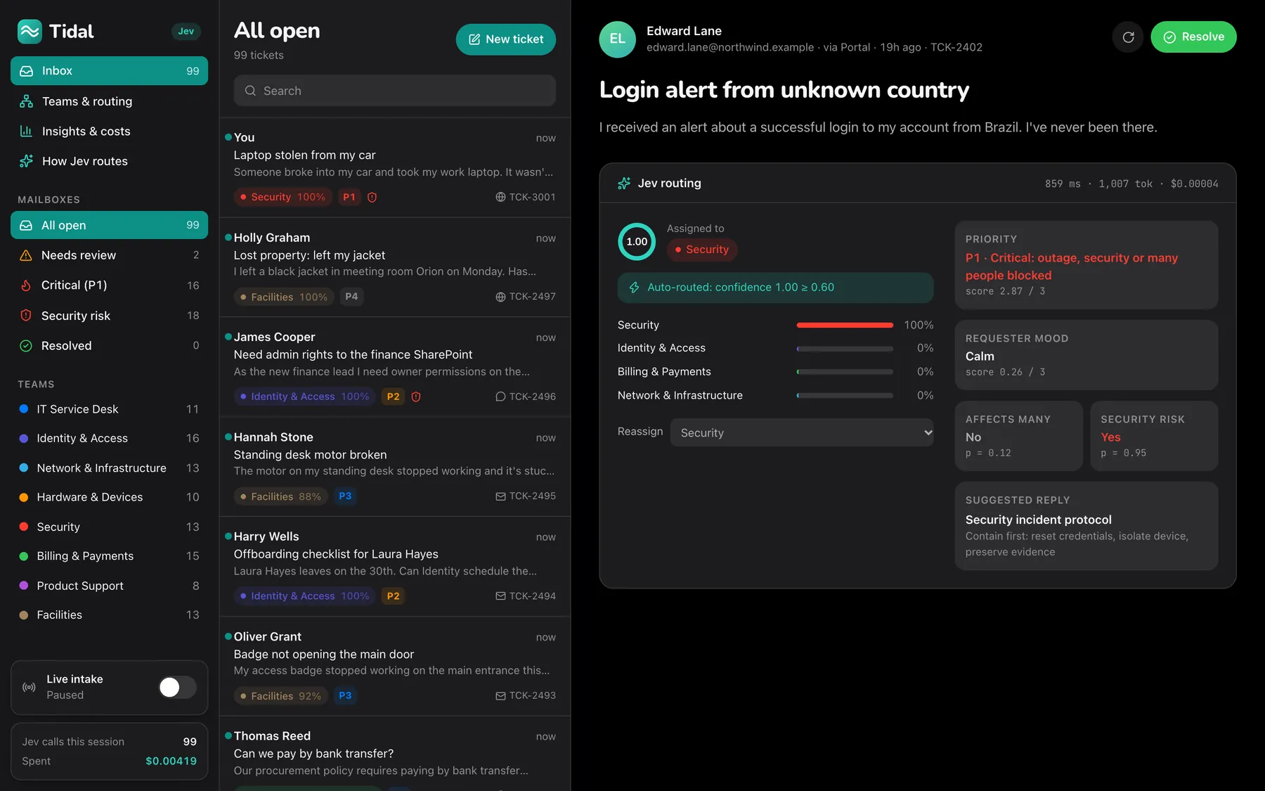 Tidal inbox in dark mode with a security alert ticket