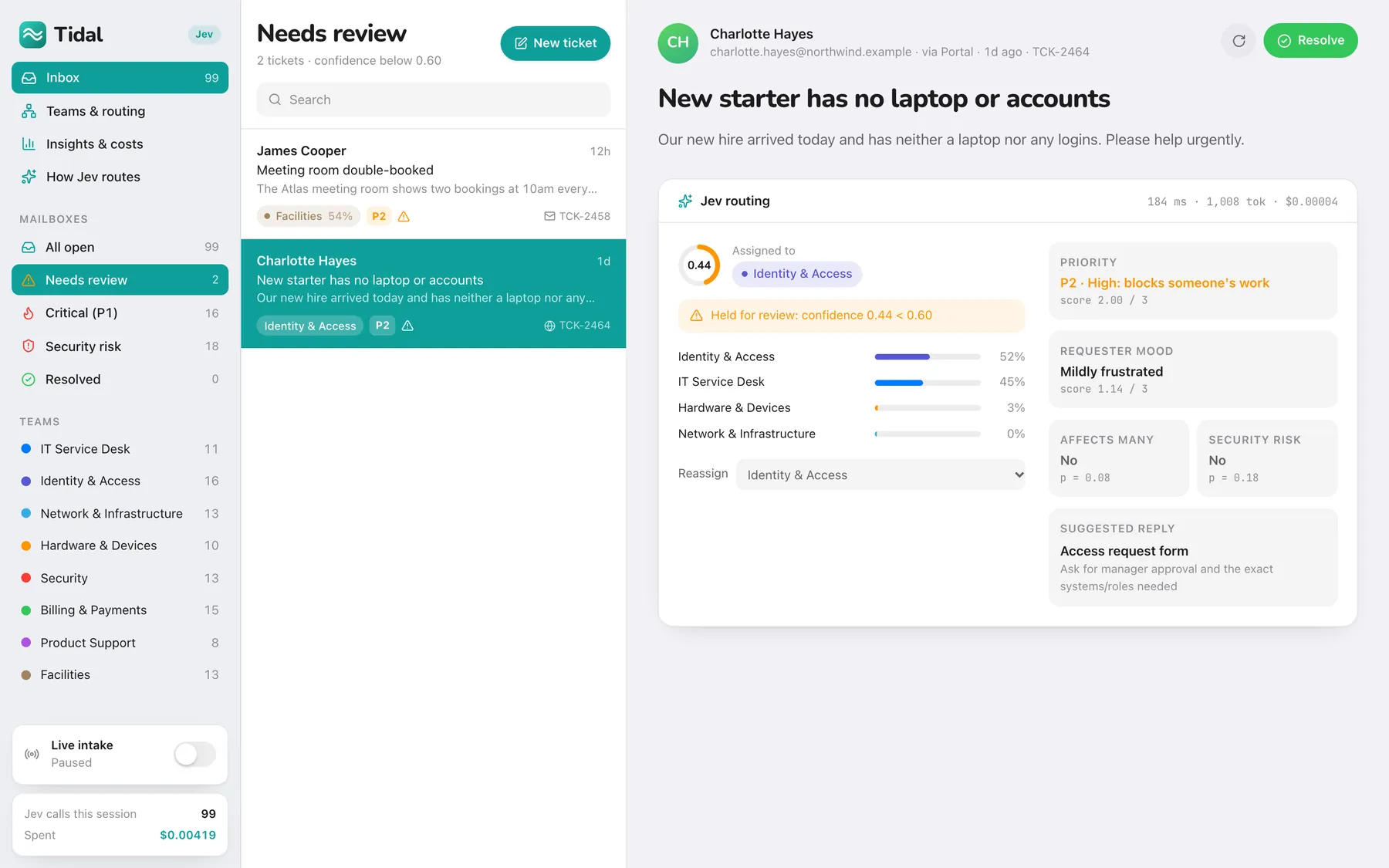 Needs review mailbox with a ticket split between two teams below the confidence threshold