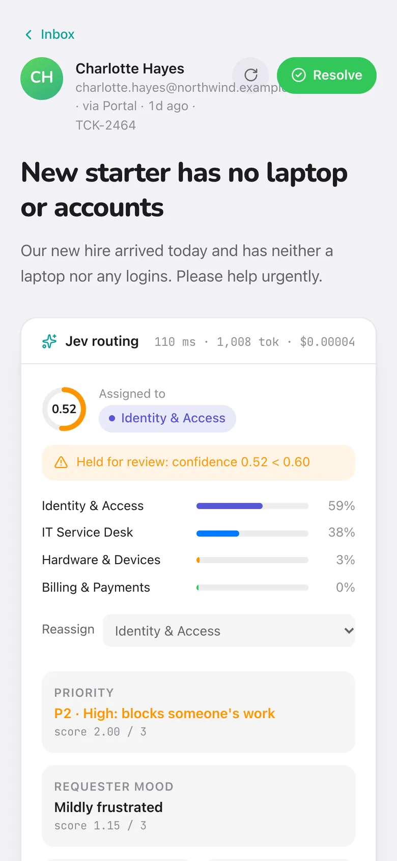 Ticket held for review on a phone with its team probabilities