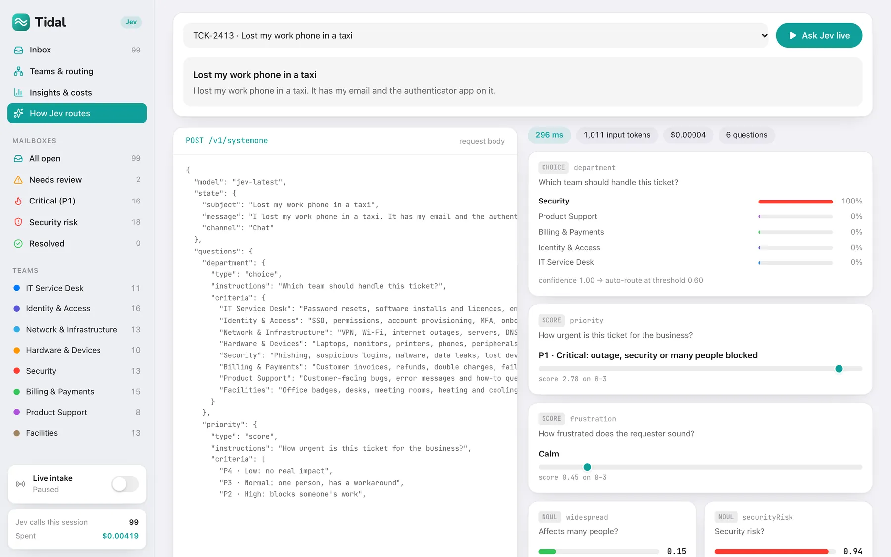 The JSON request body and the typed answers for a lost-phone ticket