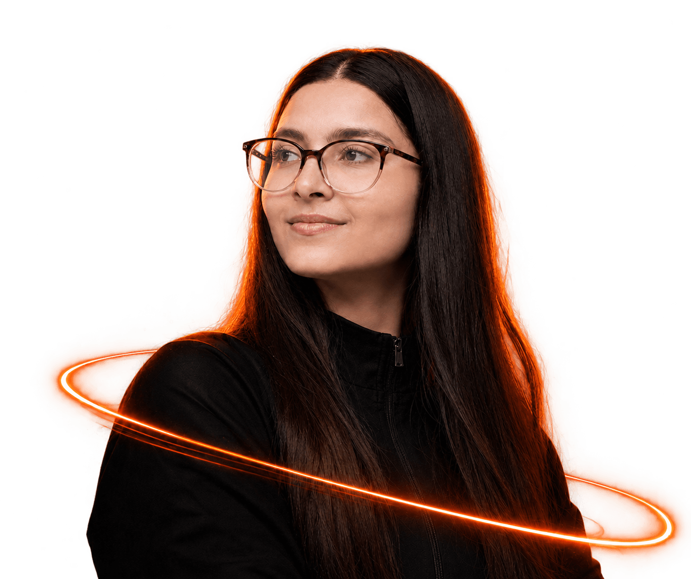 Pooja Verma, circled by an orange light trail