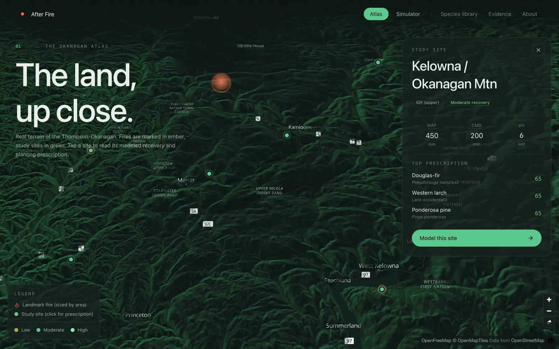 3D terrain map of the Thompson-Okanagan with the Kelowna study site drawer open