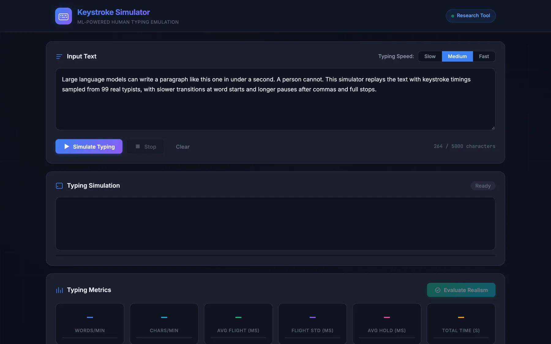 Keystroke Simulator web demo with a text input, speed selector and empty metric cards