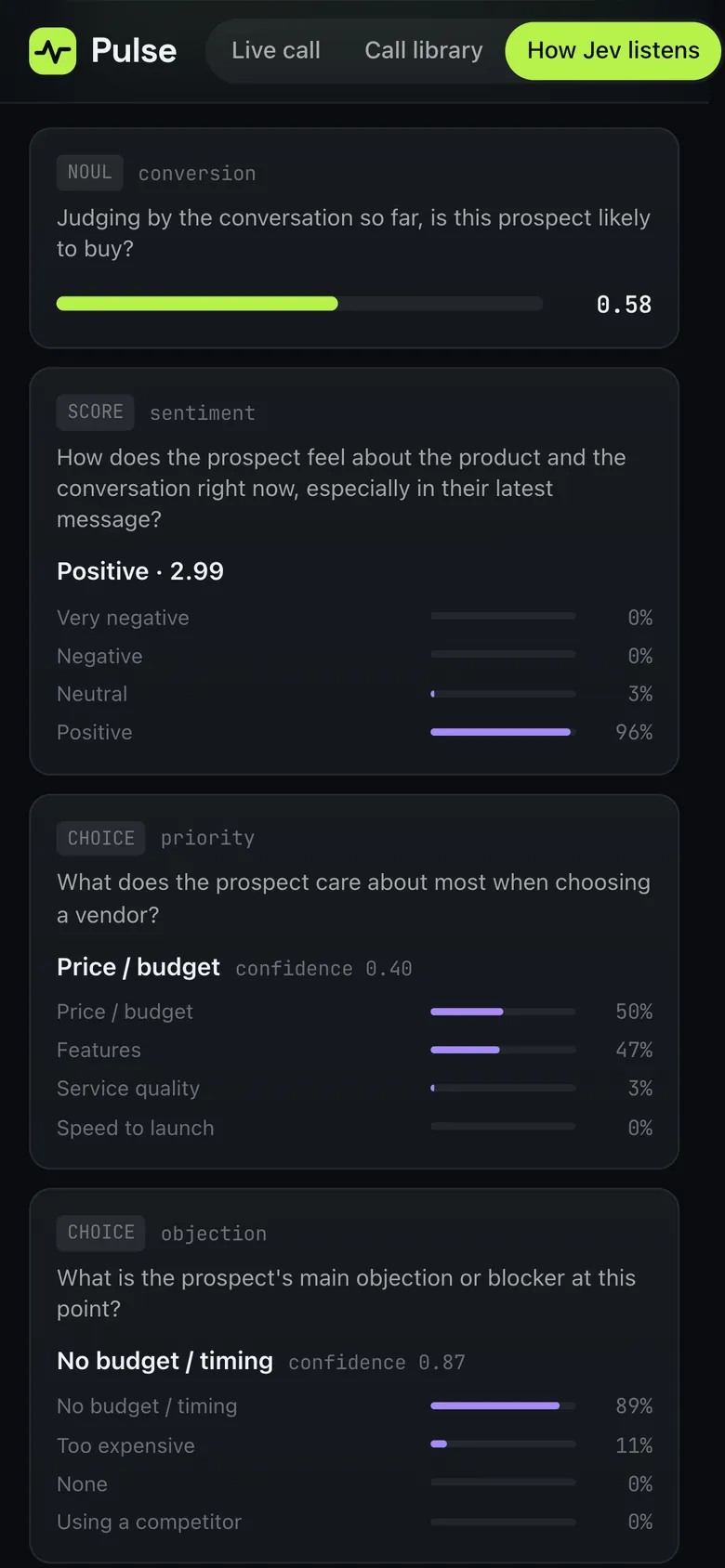 Question cards with full probability distributions on a phone