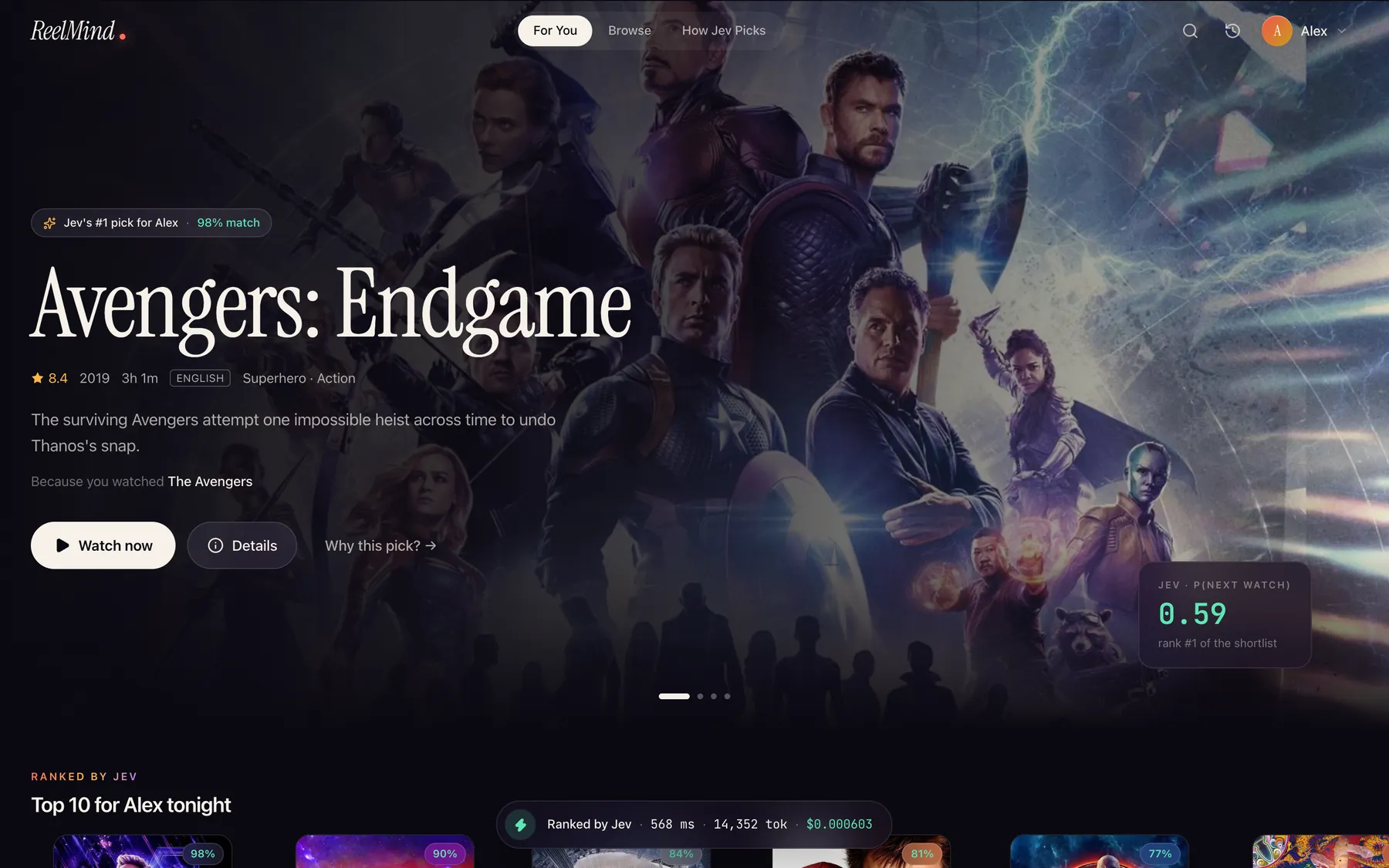 ReelMind home with Avengers: Endgame as Jev's number one pick for the viewer, with its probability