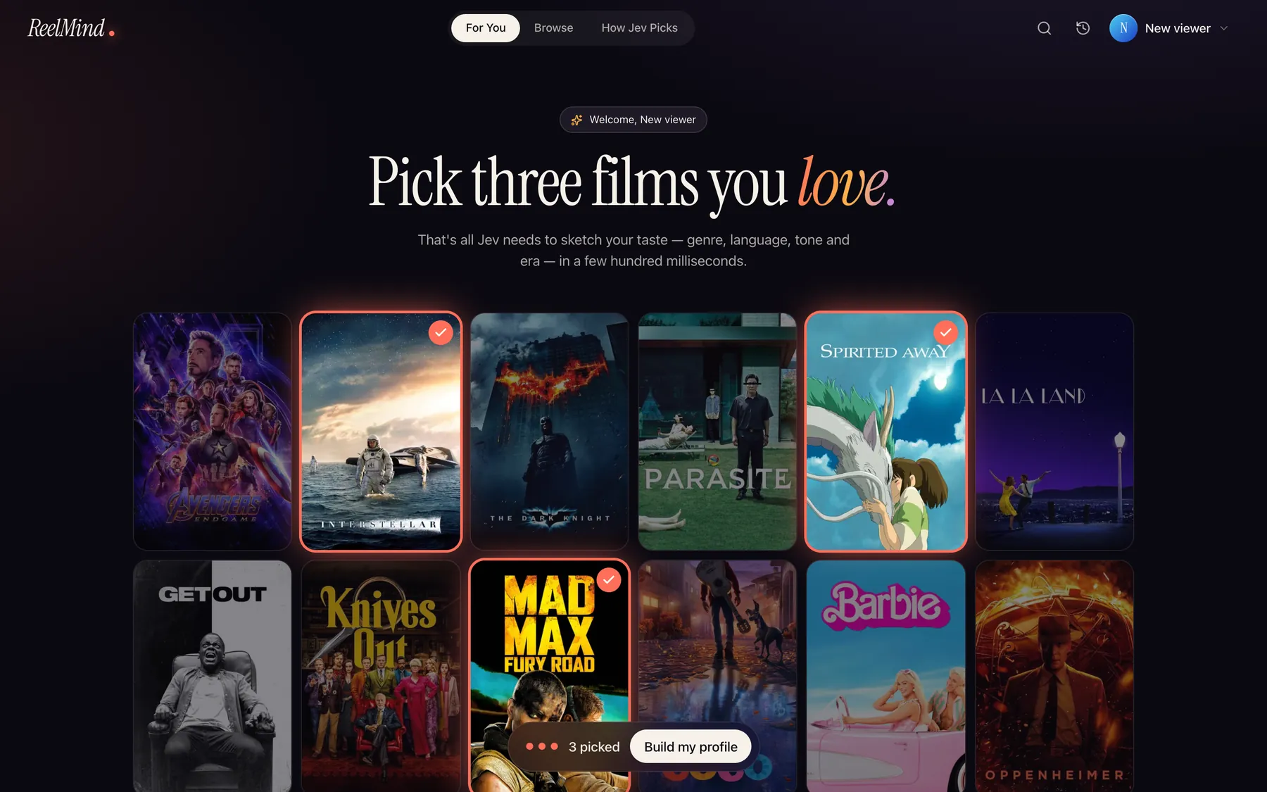 Pick three films you love onboarding screen with three posters selected