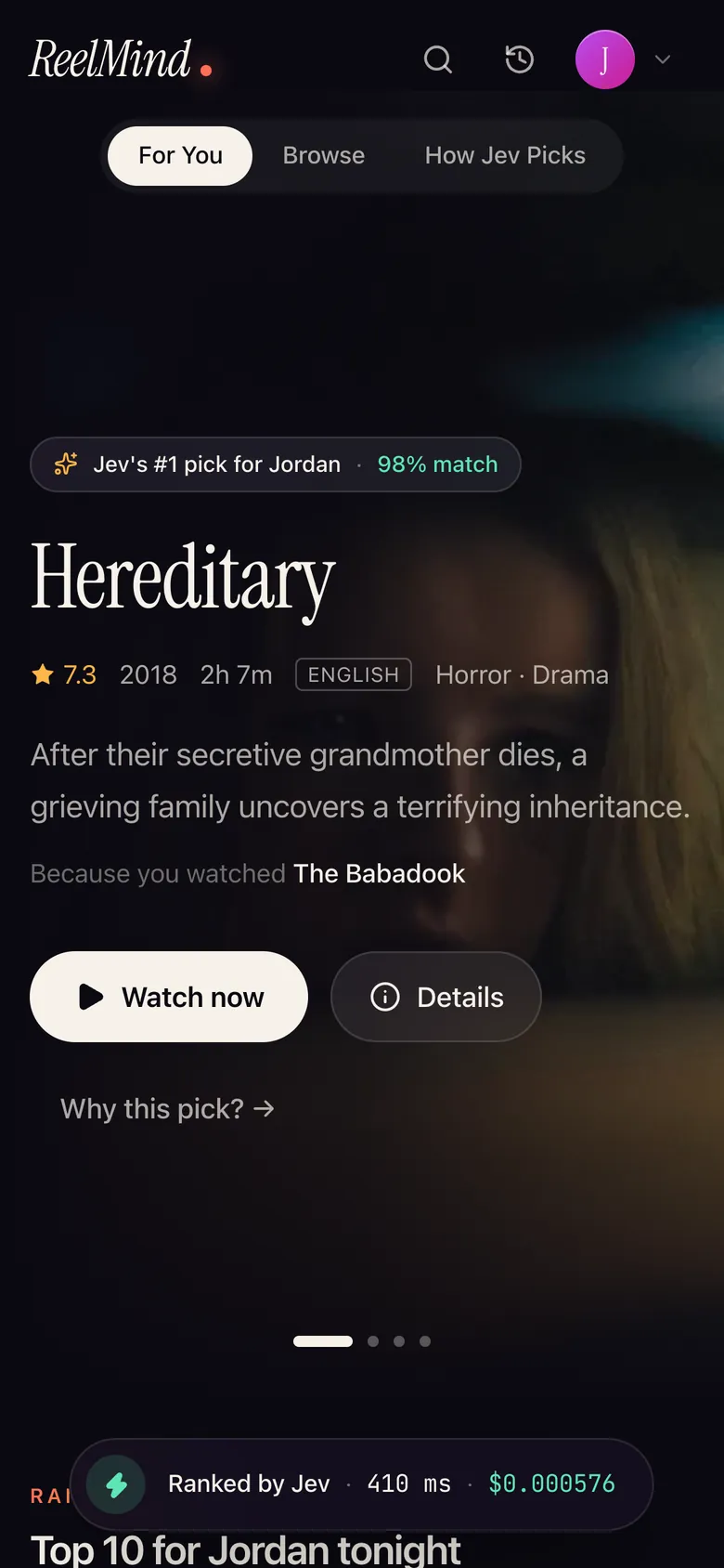 ReelMind on a phone with Hereditary as the top pick for a horror fan