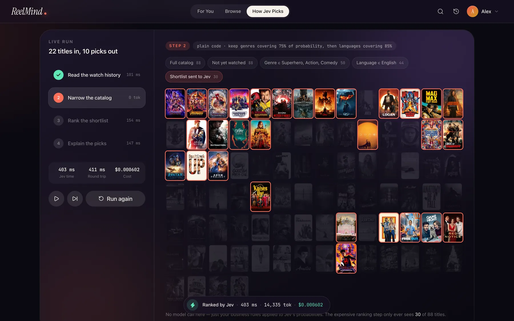How Jev Picks replay showing filters narrowing 88 titles to a 30-title shortlist