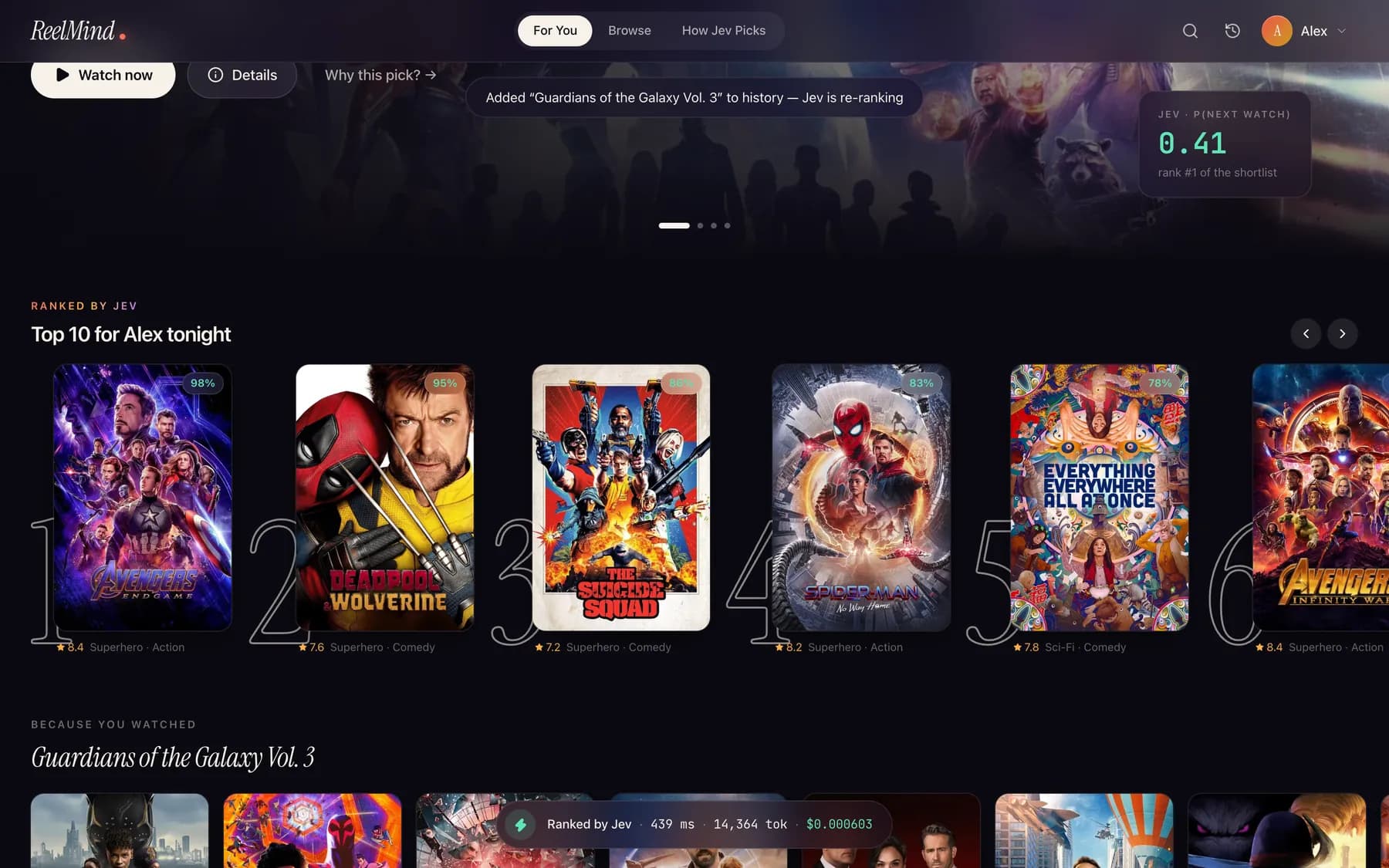 Home page re-ranked after watching a film, with a new Because you watched row