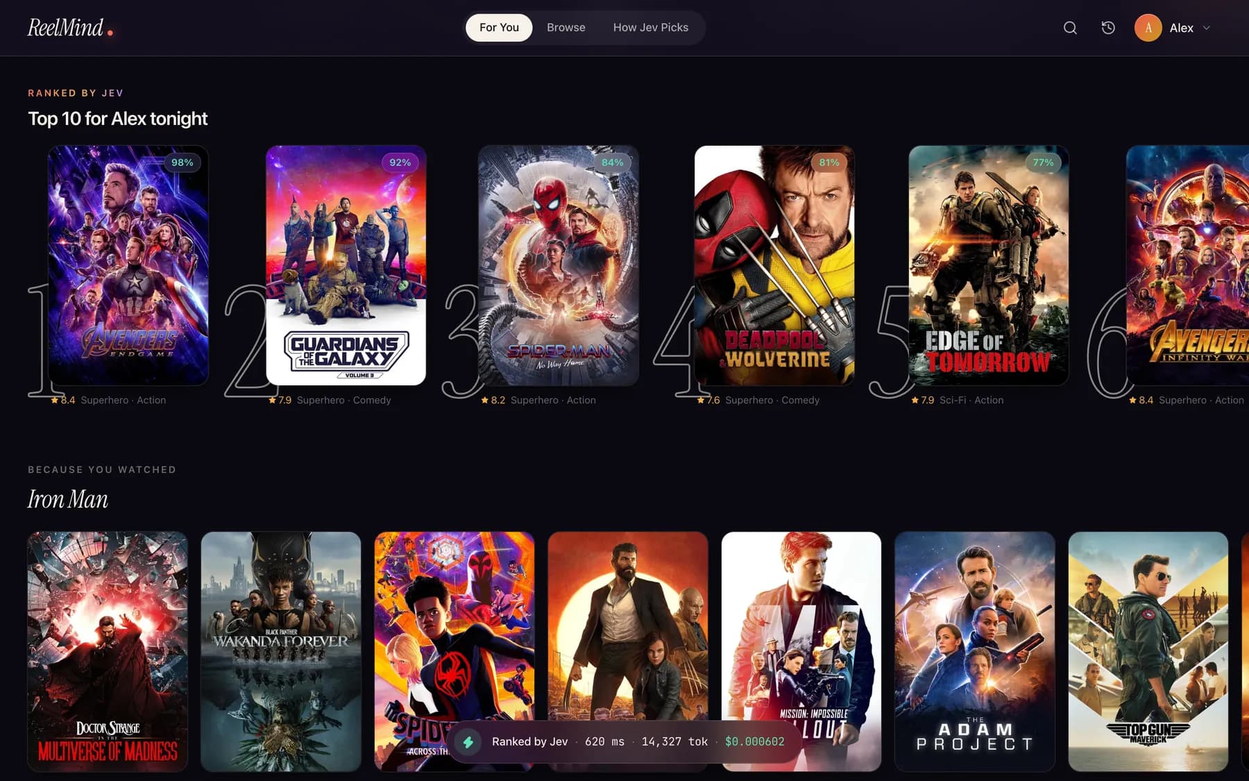 Top 10 row and a Because you watched Iron Man row of posters