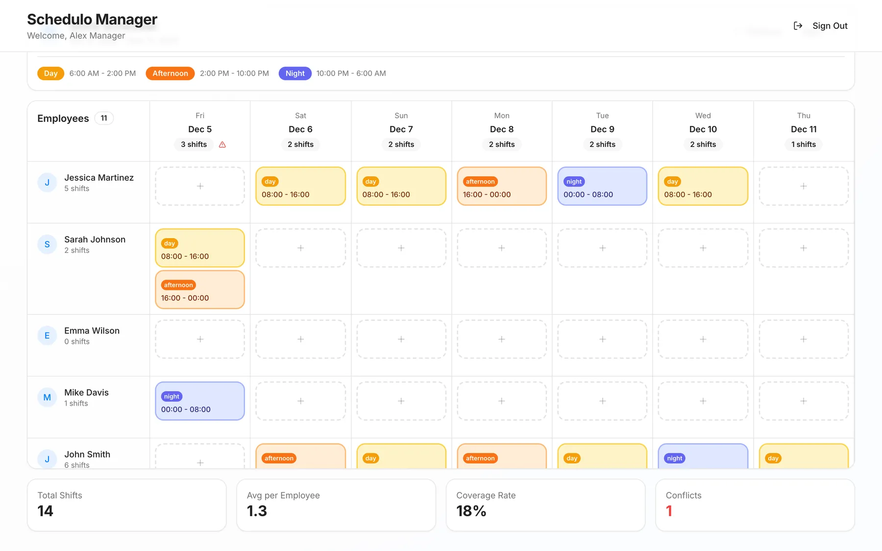 Store calendar with one employee double-booked and a conflict warning on that day