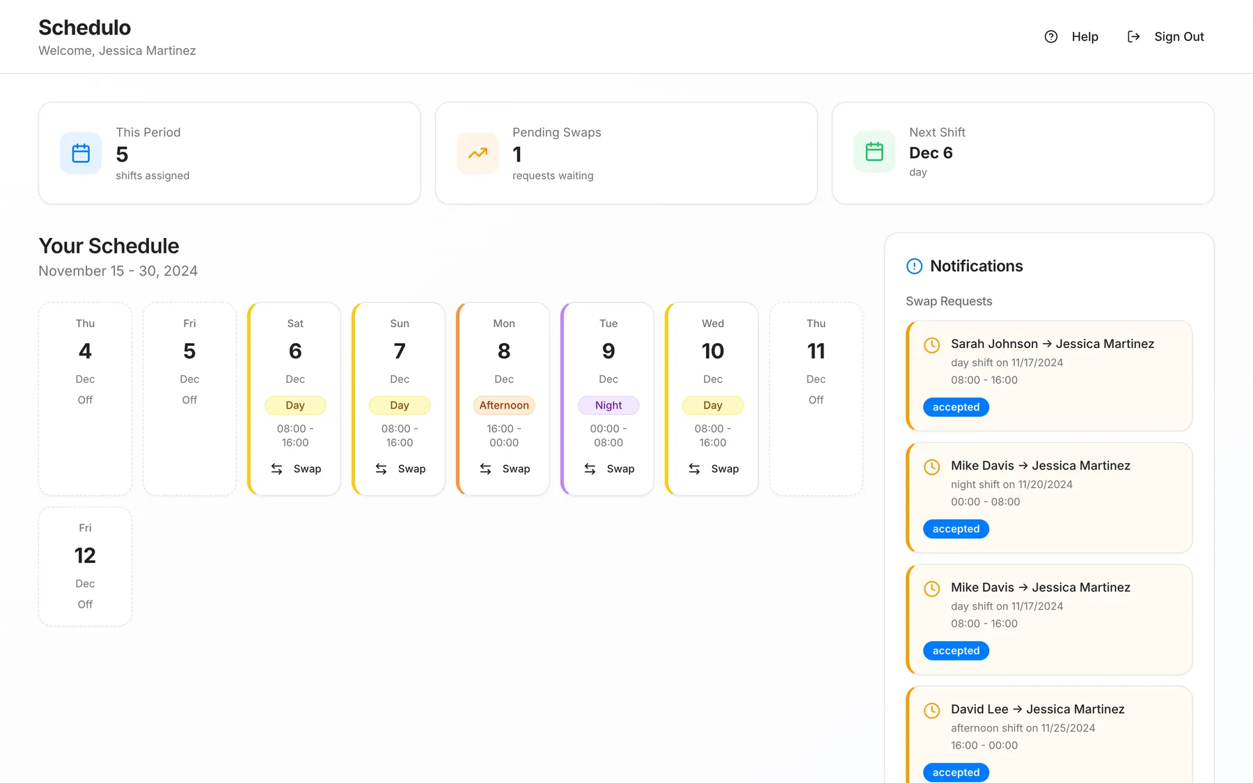 Employee dashboard with shift stats, a colour-coded week of shifts and a notifications sidebar