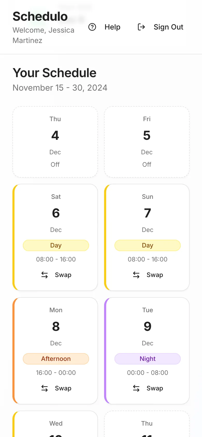 Employee schedule cards on a phone