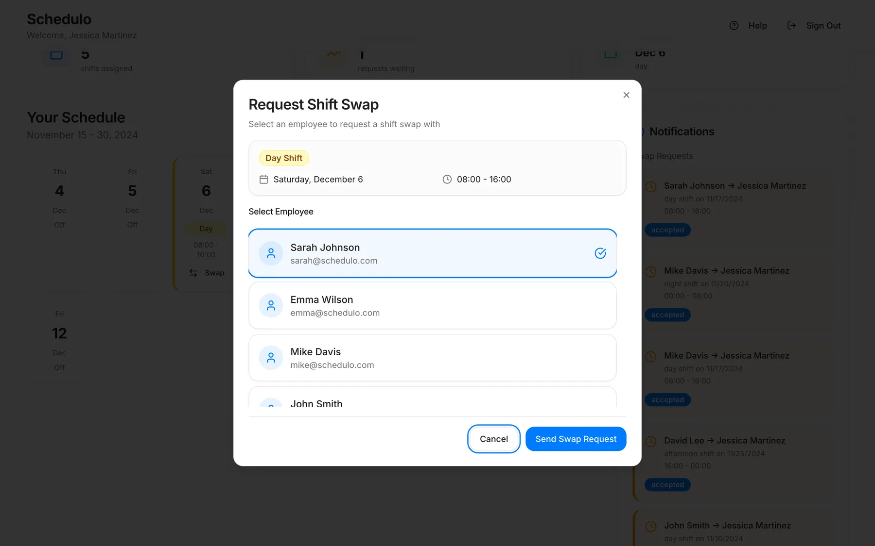 Request Shift Swap modal with a day shift and a list of colleagues