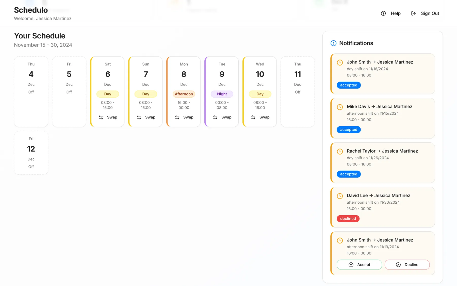 Notifications sidebar with accepted, declined and pending swap requests