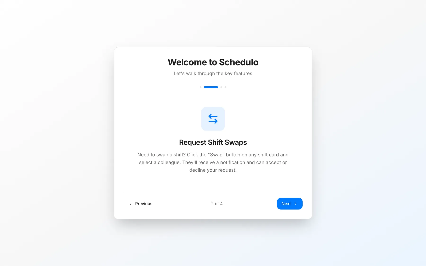 Tutorial dialog on the step about requesting shift swaps