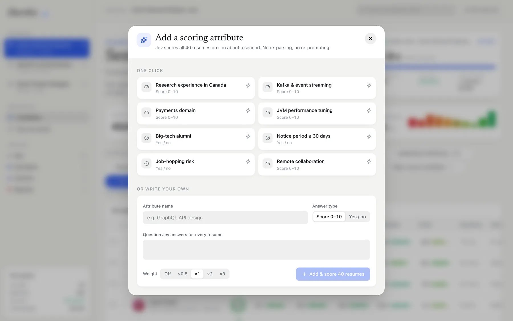 Add a scoring attribute sheet with suggestions and a write-your-own form