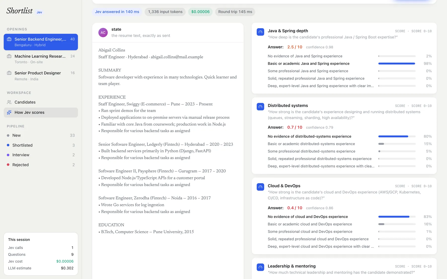 A resume beside each criterion's answer and probability distribution
