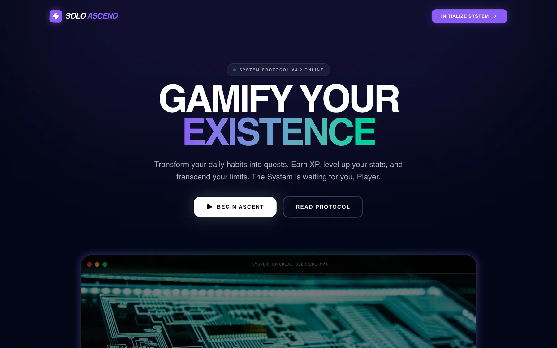Solo Ascend landing page with the headline Gamify Your Existence
