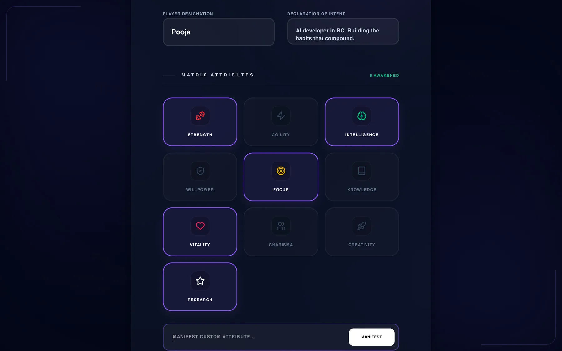 Onboarding form with a player name and selected attributes including a custom Research attribute