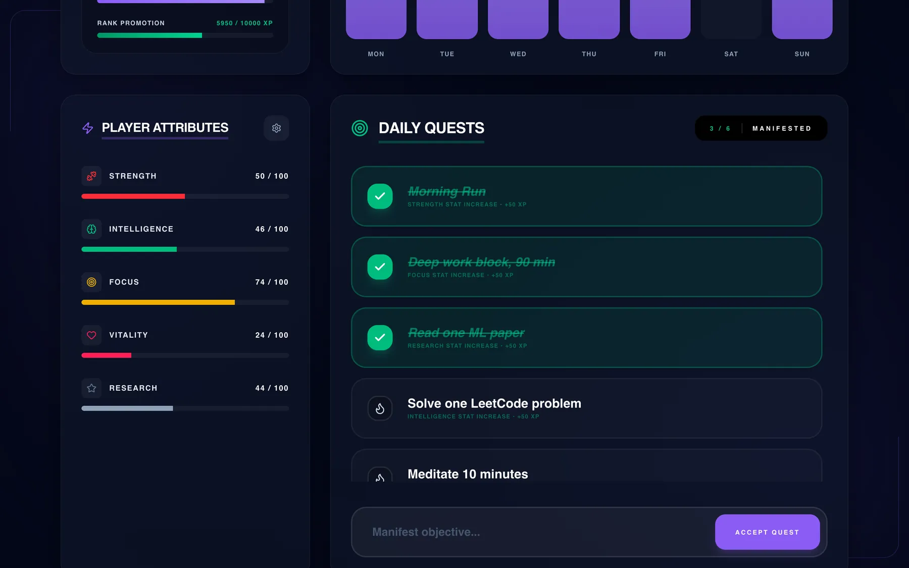 Player attribute bars beside a daily quest list with three quests completed