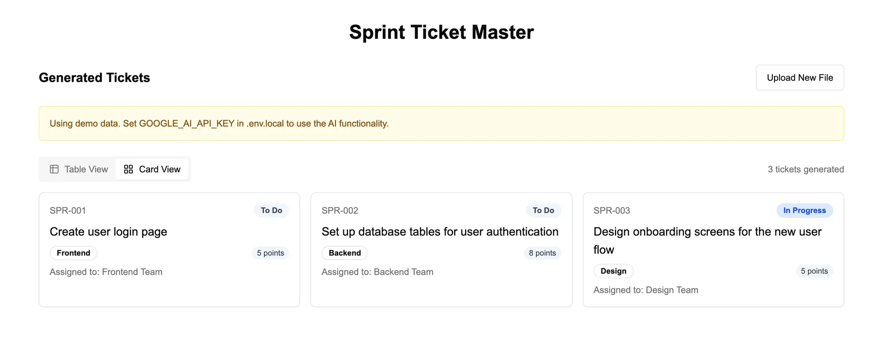 Generated tickets in a card grid with status, category, points and assignee