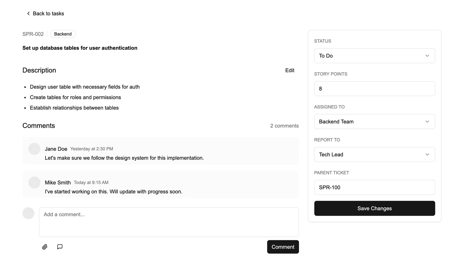 Ticket detail page with description, comments and an editable sidebar for status, points and assignee