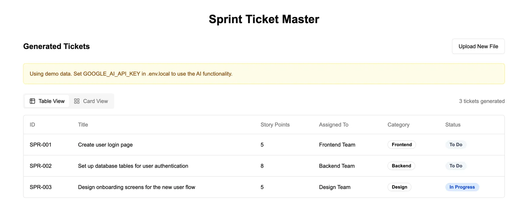 Generated tickets in a table with ID, title, story points, assignee, category and status