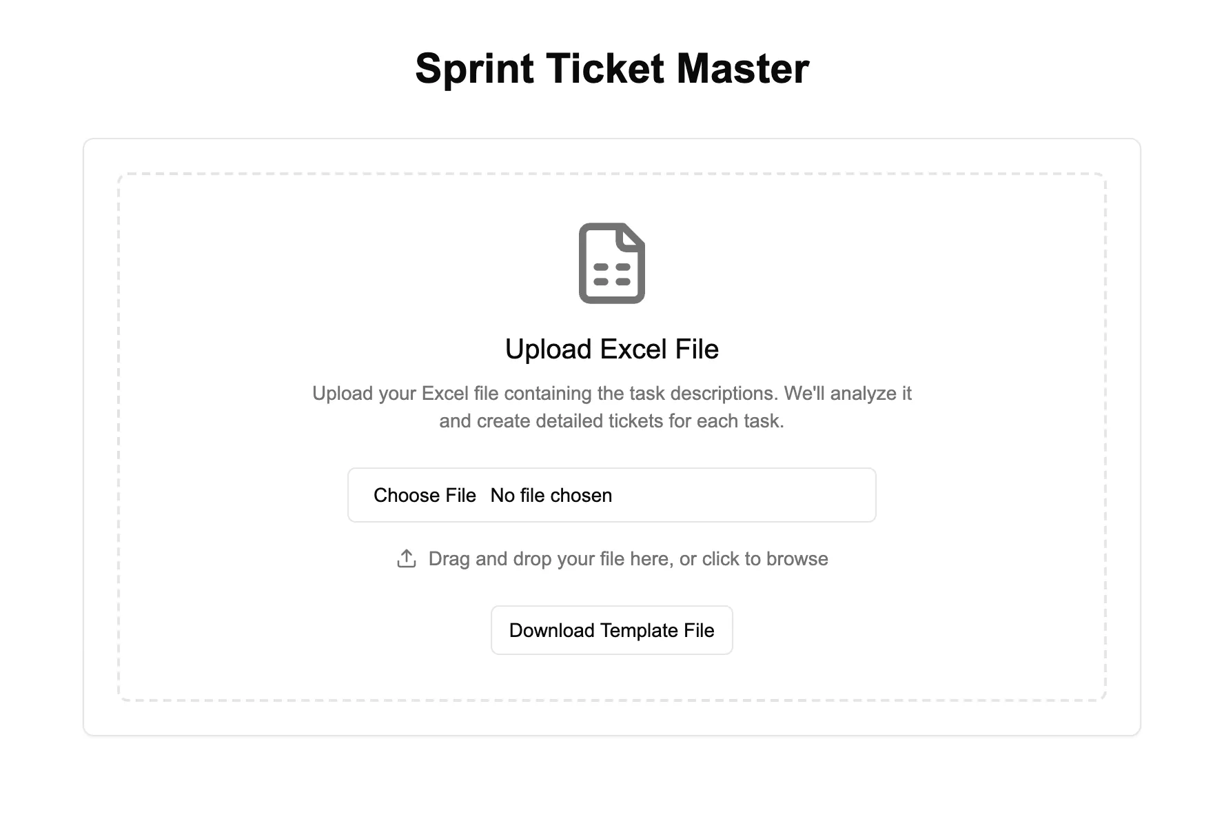 Upload card for an Excel file with a template download button