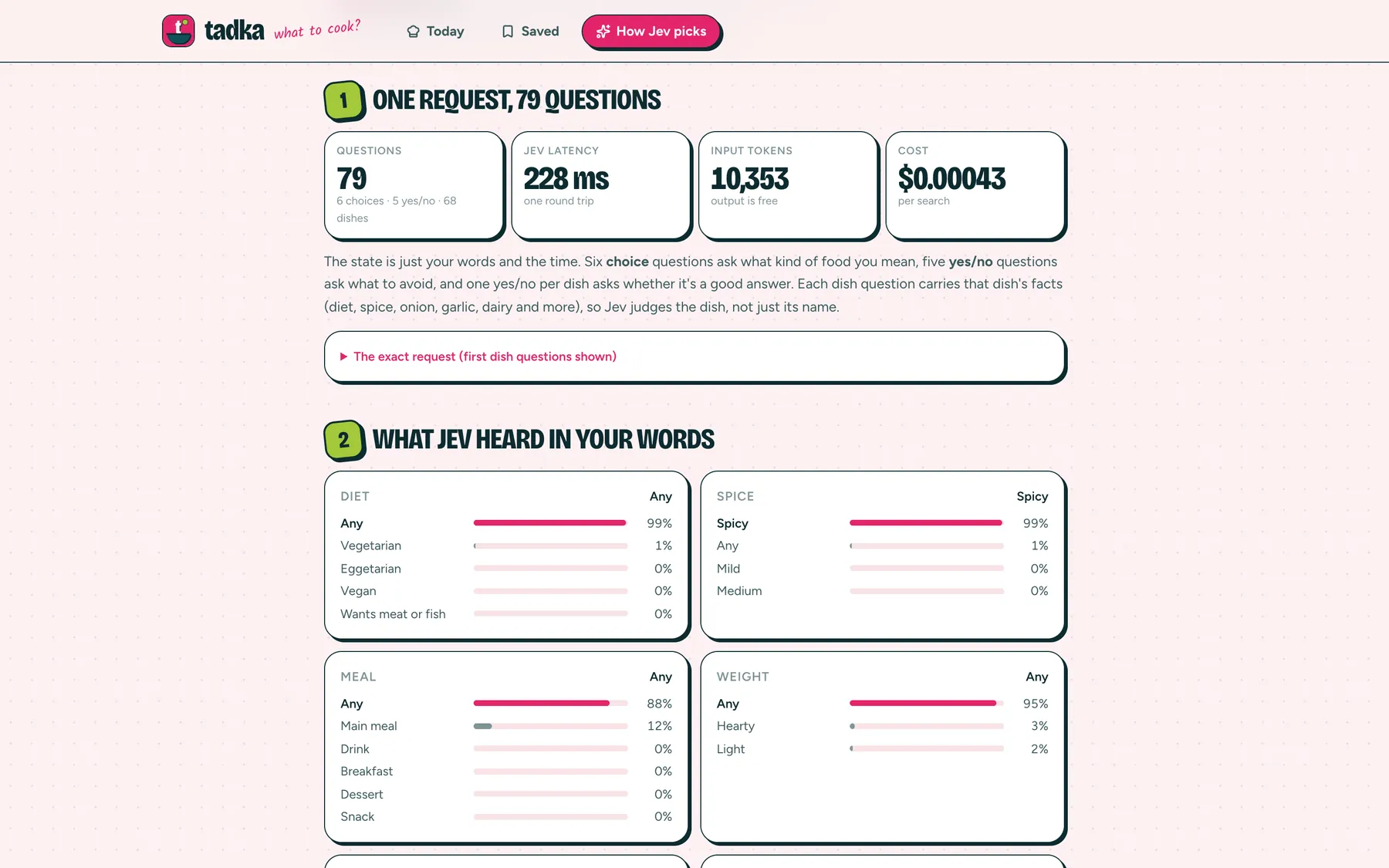 How Jev picks page with 79 questions, latency, tokens and cost, and intent probabilities