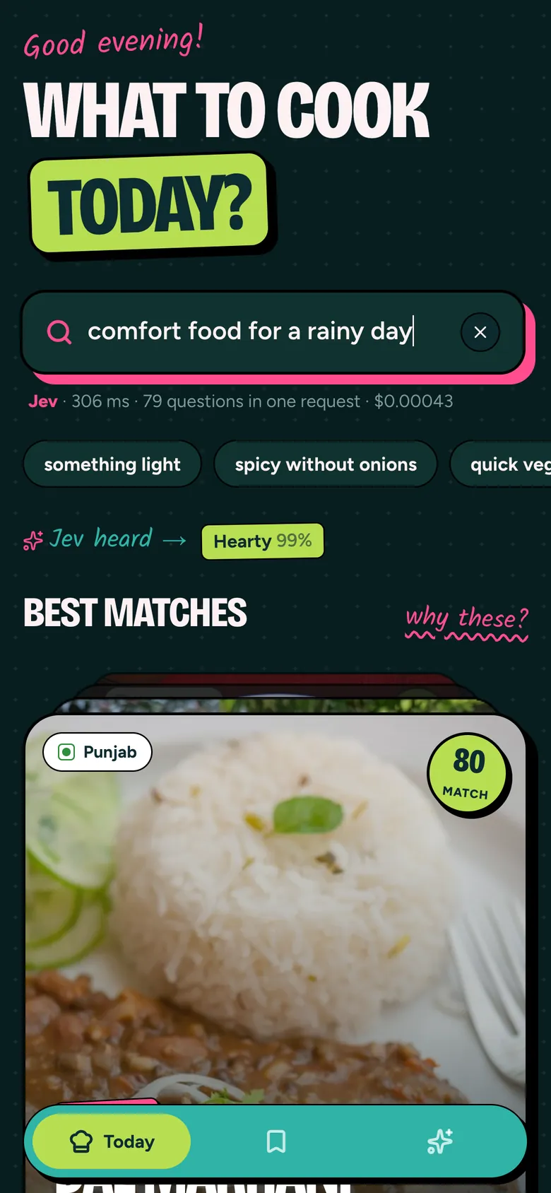 Tadka in dark mode with comfort-food results