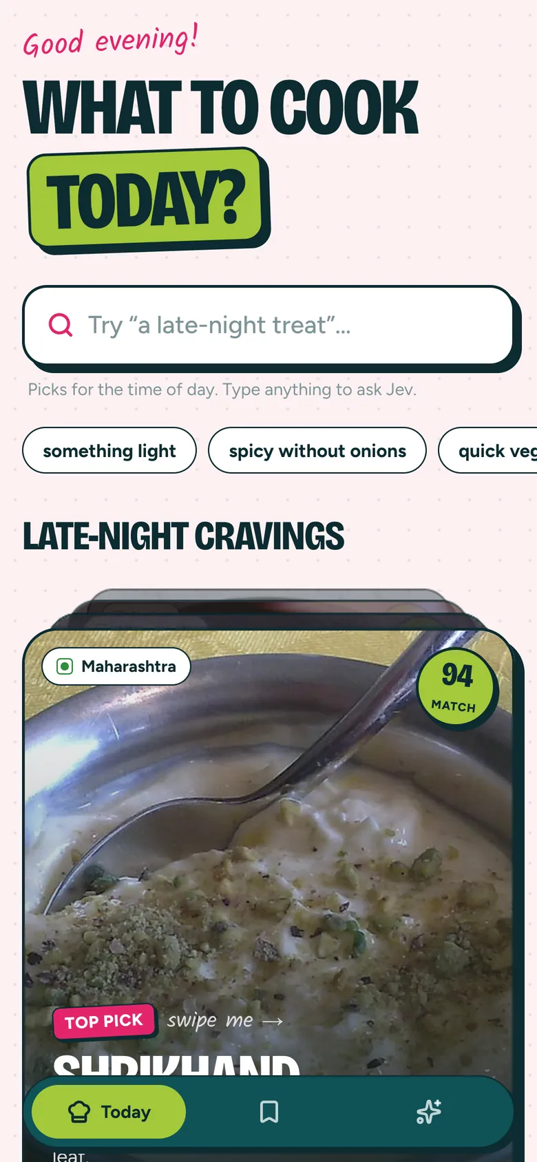 Tadka home screen with late-night picks in a card deck
