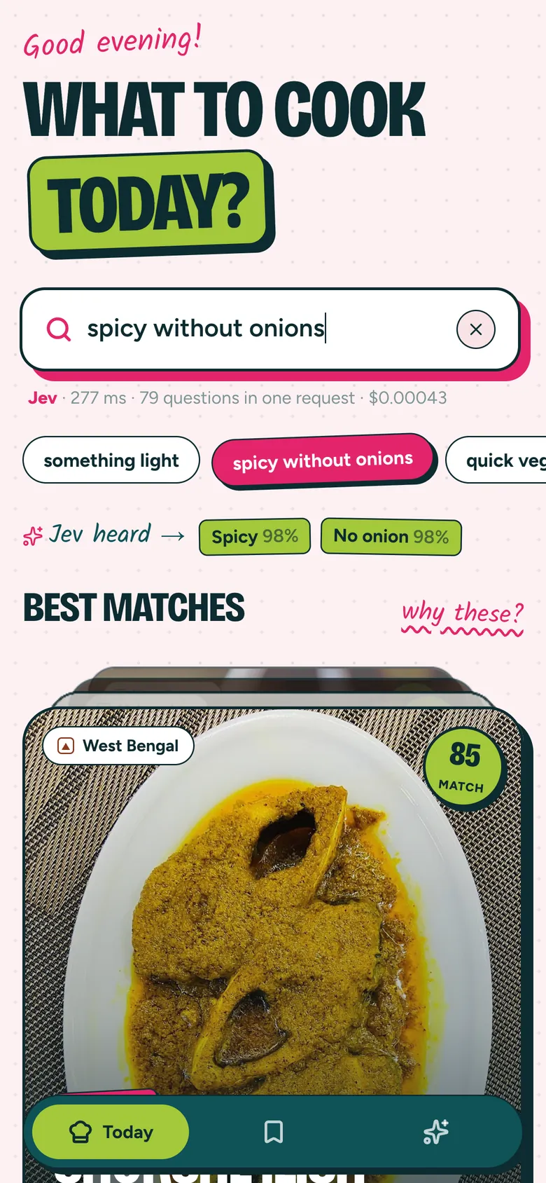 Search results for spicy without onions with Jev heard chips and the top dish card