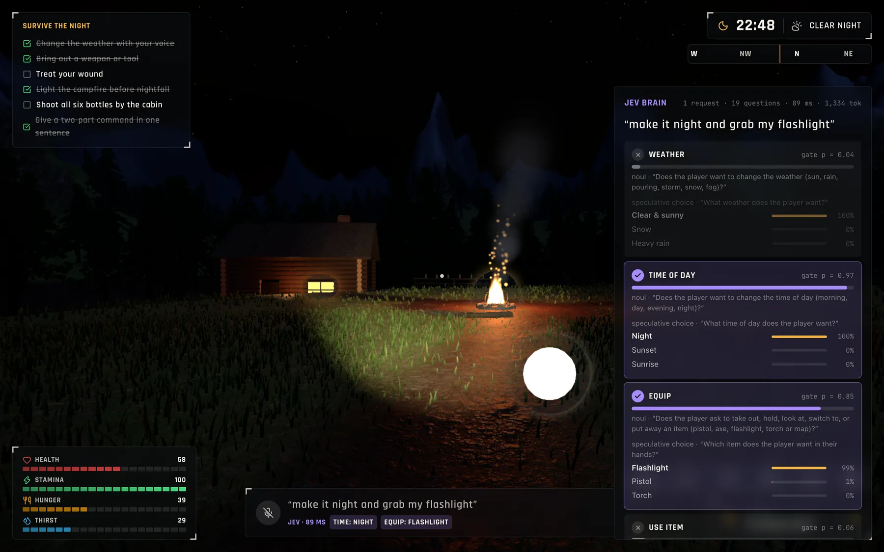 Inspector panel listing every gate and probability for the last sentence
