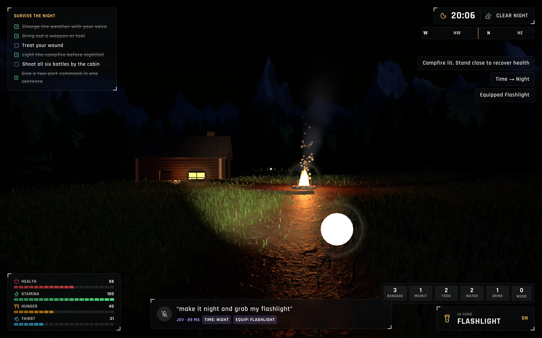 Night falling with the flashlight equipped and HUD chips for TIME NIGHT and EQUIP FLASHLIGHT, Jev 89 ms