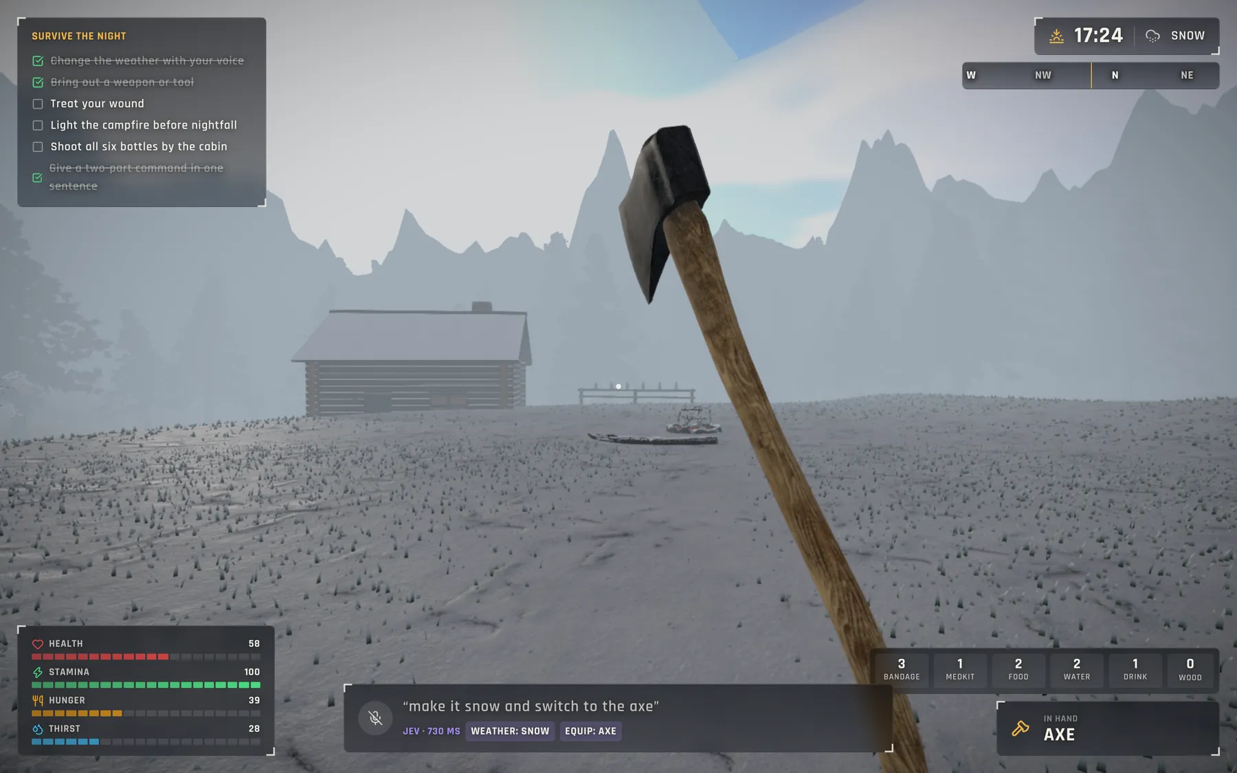 Snow settled on the meadow and cabin roof with an axe in hand