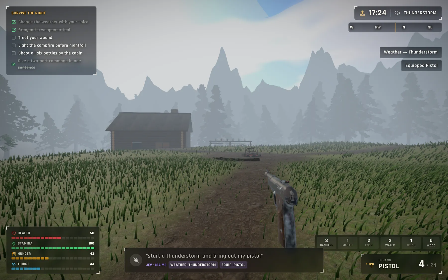 Fog and storm rolling over the cabin with a pistol in hand after a two-part command
