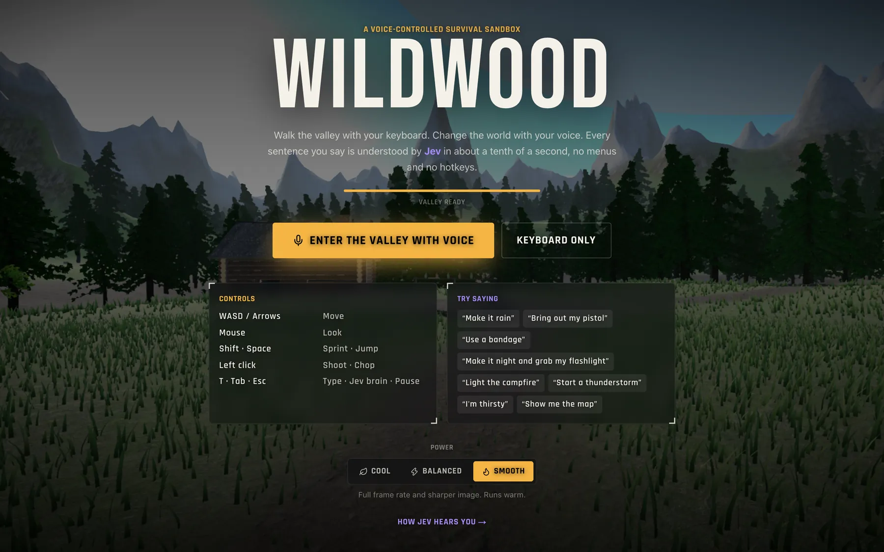 Wildwood title screen over the live 3D valley with example phrases