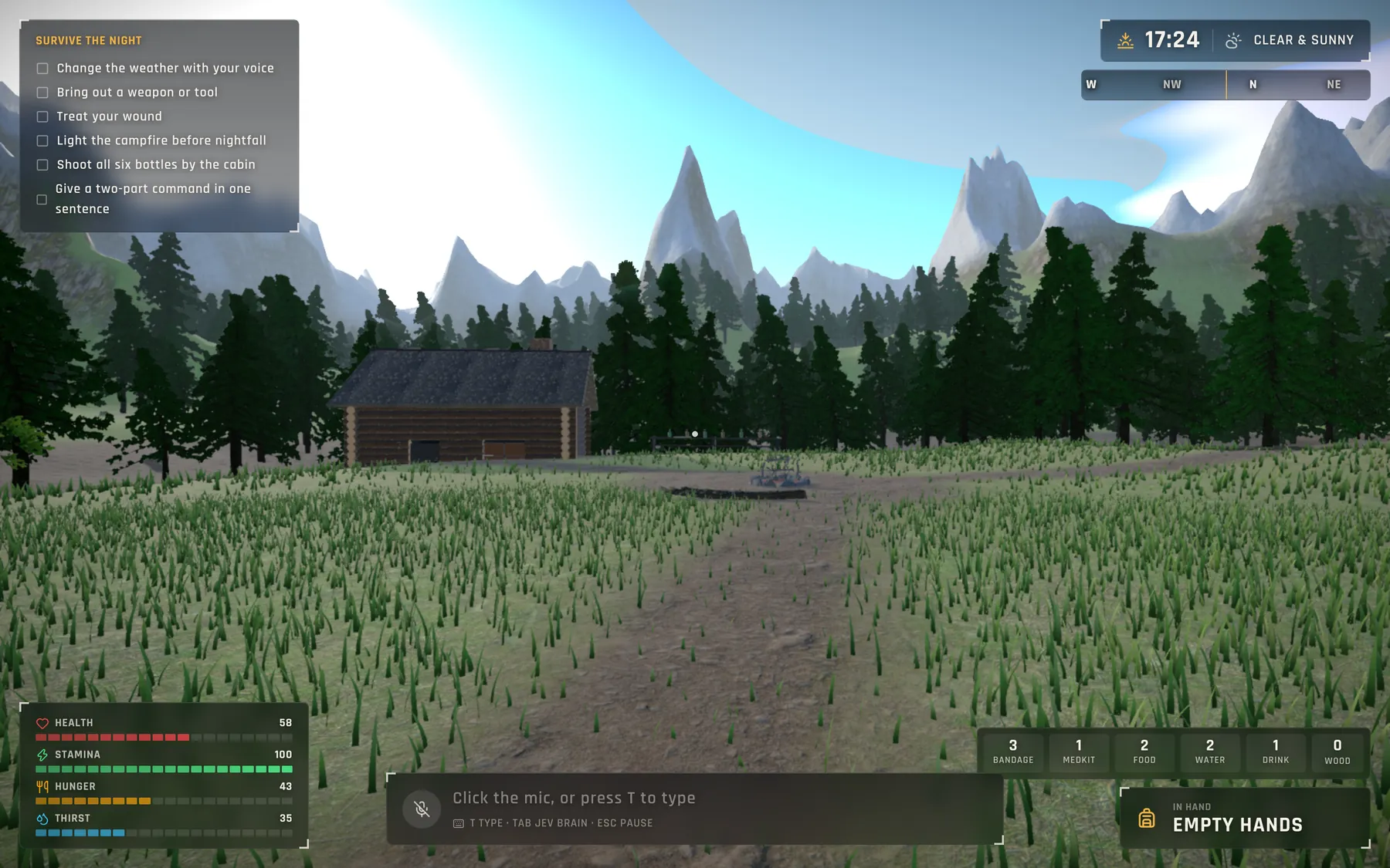 First-person view of a cabin, campfire pit and pines at golden hour with the game HUD