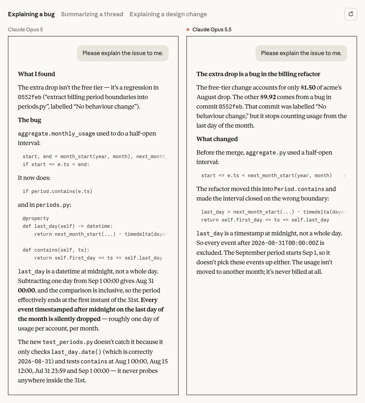 Side-by-side explanations of the same billing bug by Claude Opus 5 and Claude Opus 5.5