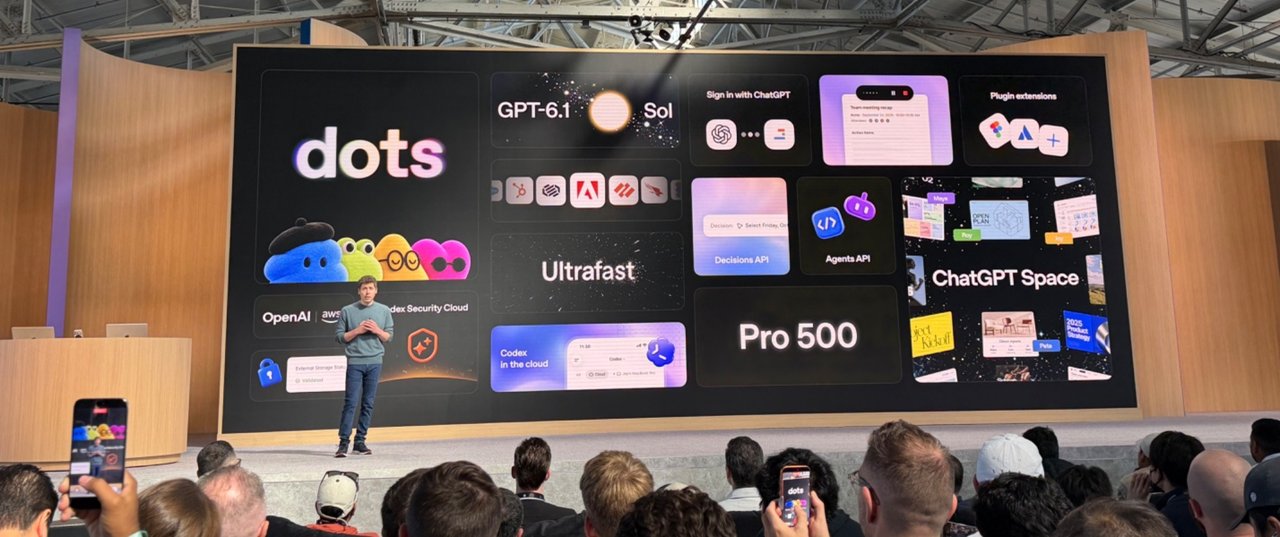 Sam Altman on stage in front of a slide listing dots, GPT-6.1 Sol, Ultrafast, Pro 500 and other launches