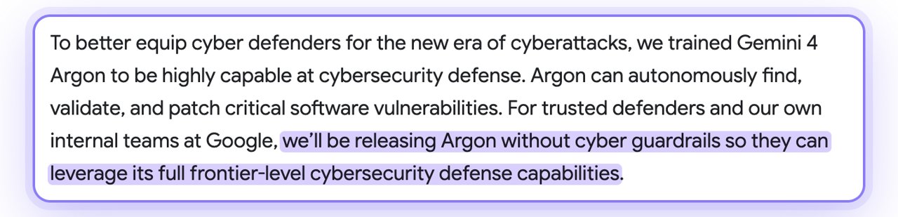 Google: releasing Argon without cyber guardrails for trusted defenders