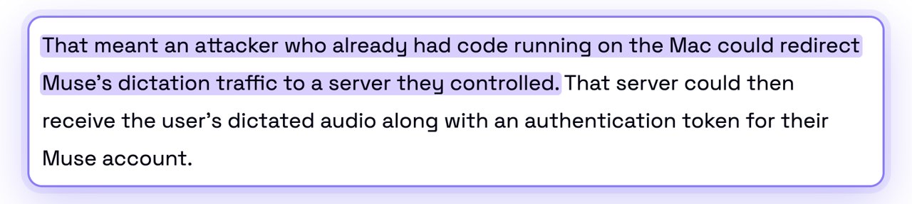Gizmodo: an attacker with code already running on the Mac could redirect Muse's dictation
