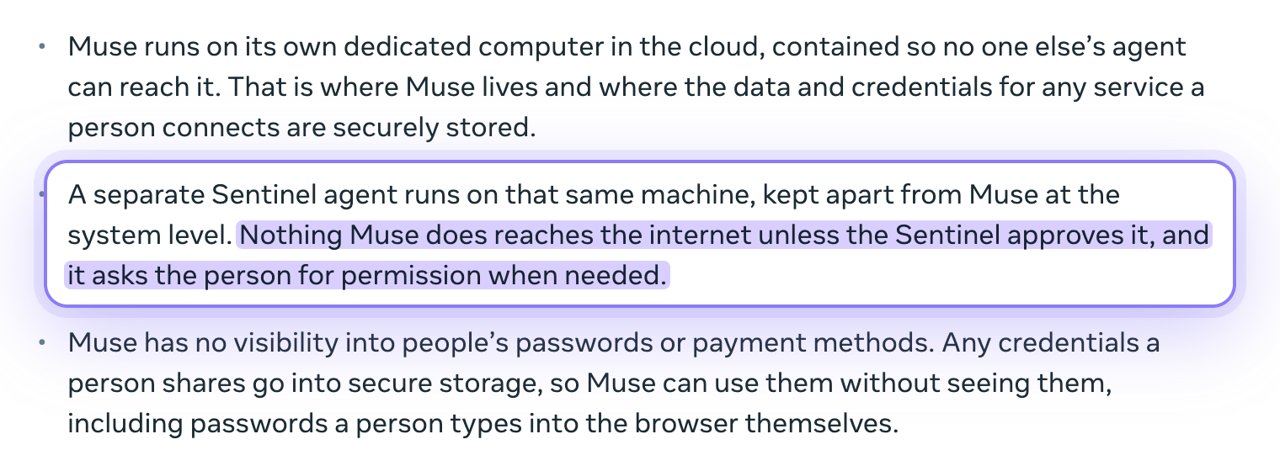 Meta's announcement: nothing Muse does reaches the internet unless the Sentinel approves it