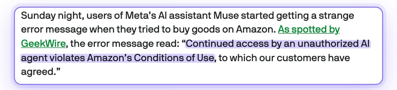 TechCrunch quoting Amazon's error message about an unauthorized AI agent
