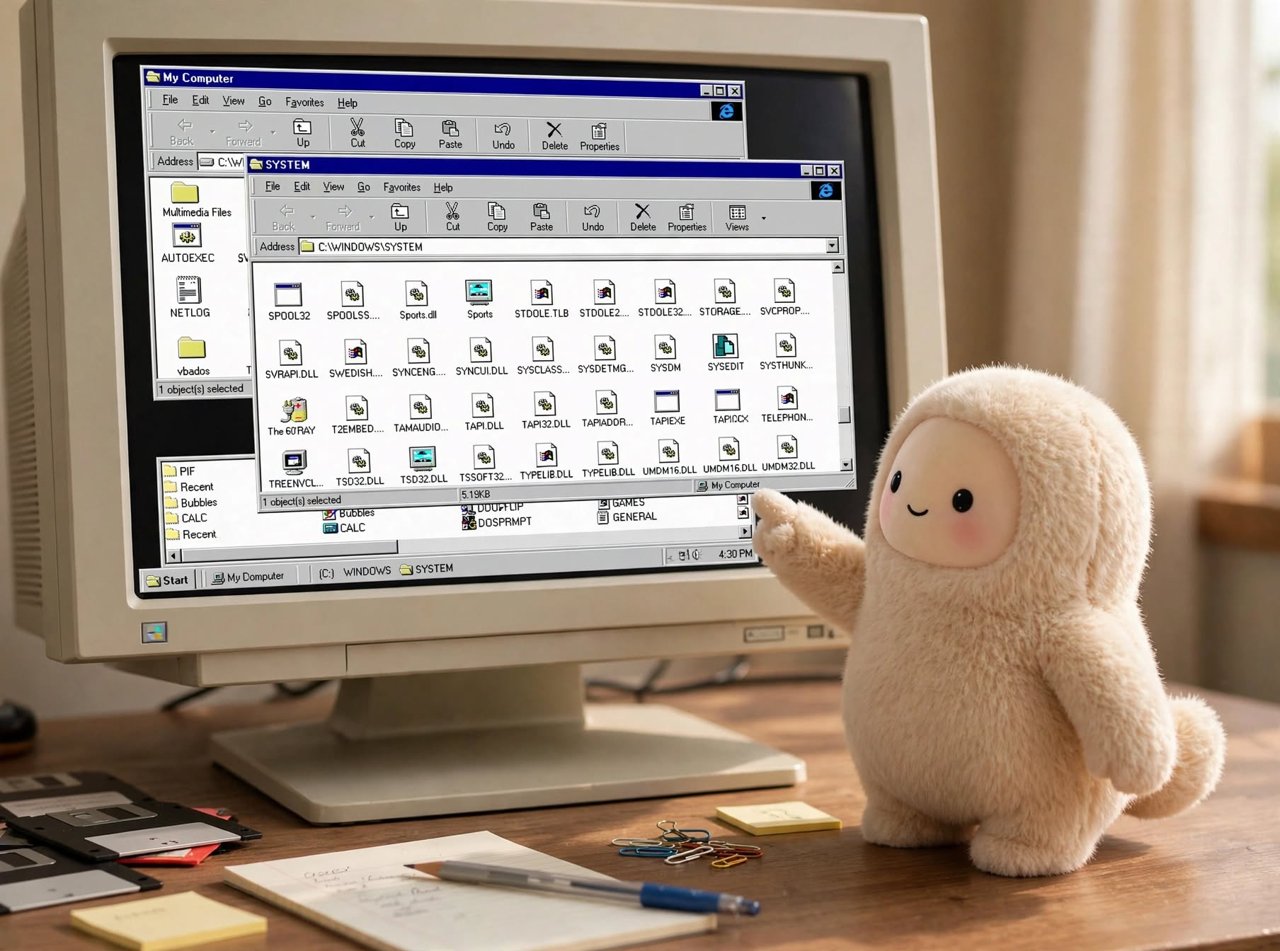 A plush Muse character pointing at an old desktop computer, illustrating the Muse Secure VM