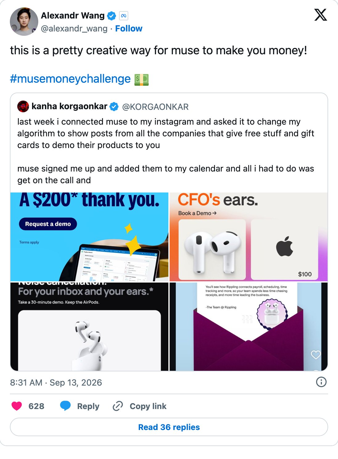 Post by @KORGAONKAR, quoted by @alexandr_wang, about Muse retuning her Instagram feed