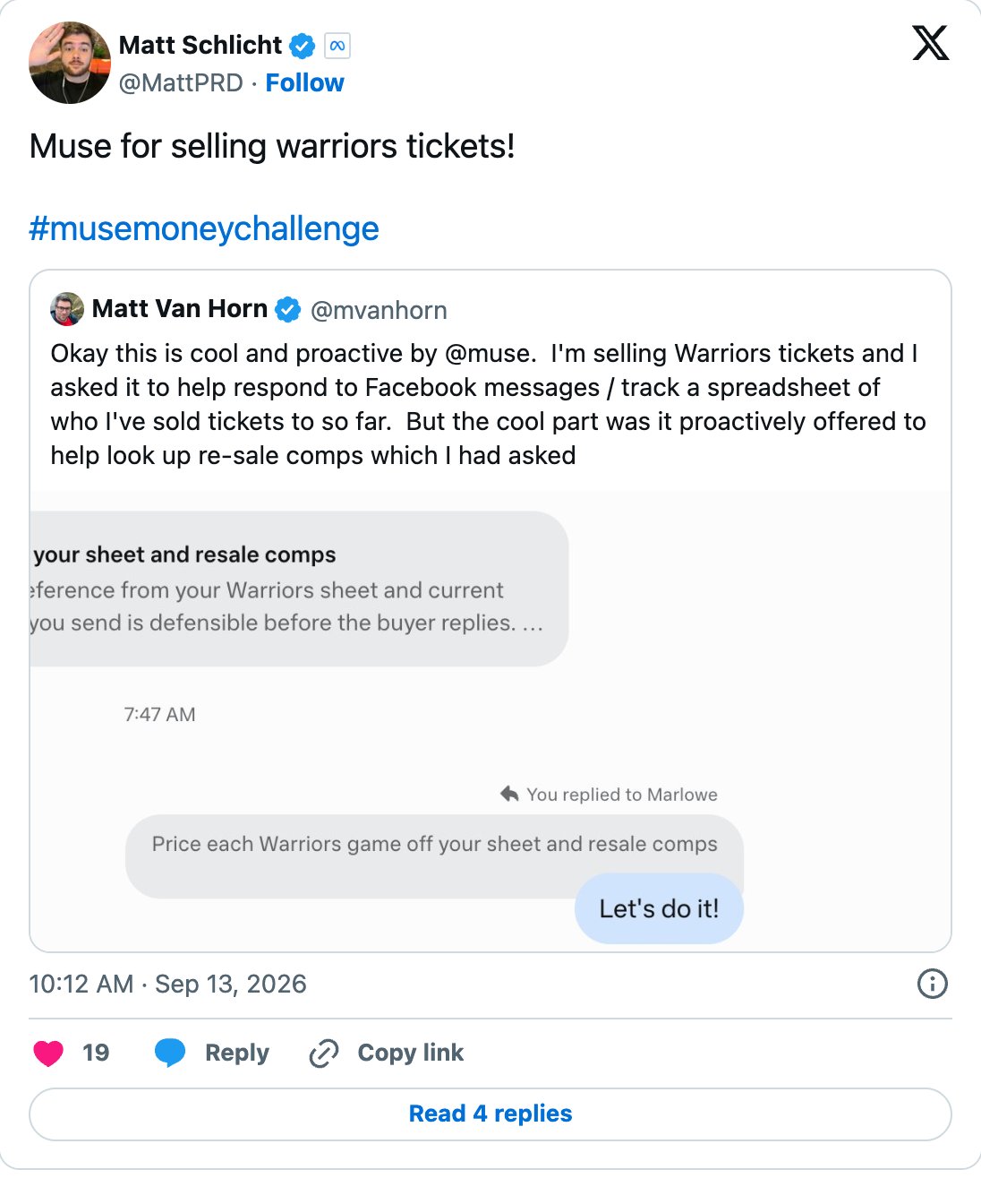 Post by @mvanhorn, quoted by @MattPRD, about selling Warriors tickets with Muse