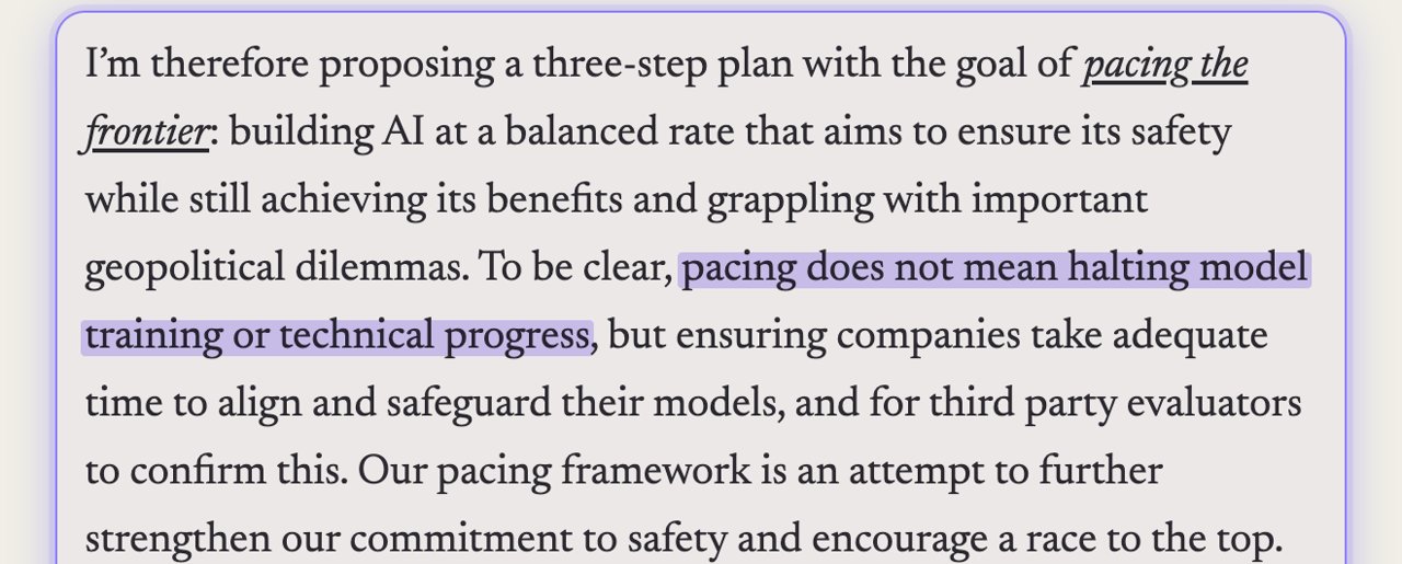 Dario Amodei essay: pacing does not mean halting model training or technical progress