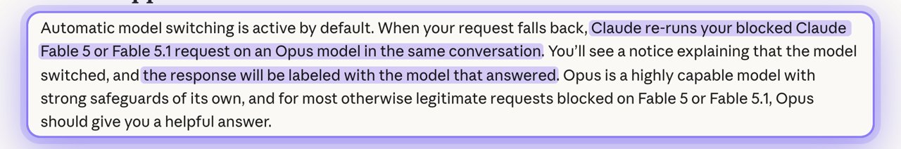 Claude Help Center: blocked Fable requests re-run on an Opus model, labelled with the model that answered